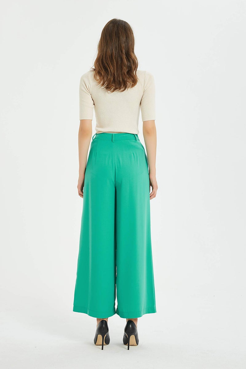 Tronjori Women High Waist Casual Wide Leg Long Palazzo Pants Trousers Regular Size(L, Green) - Image 5